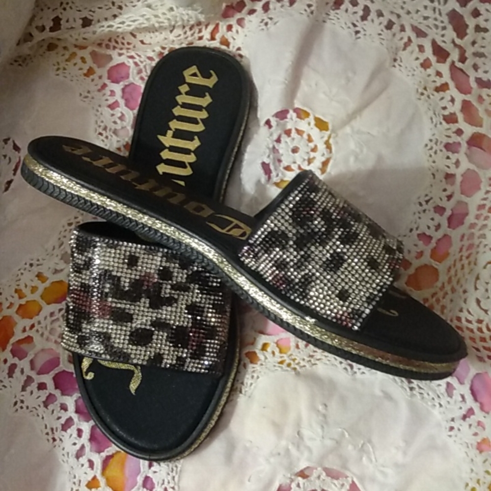 JUICY COUTURE BLINGY GOLD SILVER LEOPARD PRINT SLIDES FLIP FLOP SIZE 6 - Picture 2 of 7
